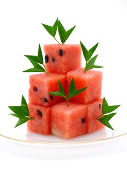 Watermelon cut into cubes.