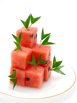 Watermelon cut into cubes.
