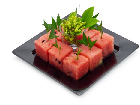 Watermelon cut into cubes.