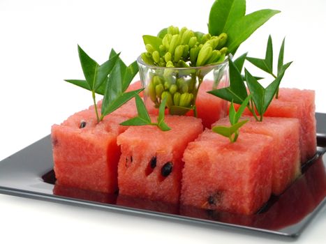 Watermelon cut into cubes.