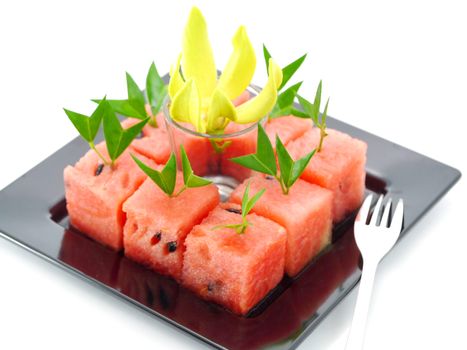 Watermelon cut into cubes.