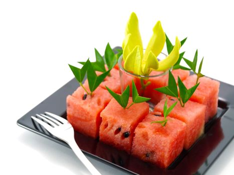 Watermelon cut into cubes.