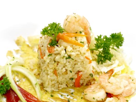 Fried rice with shrimp and parsley leaves.