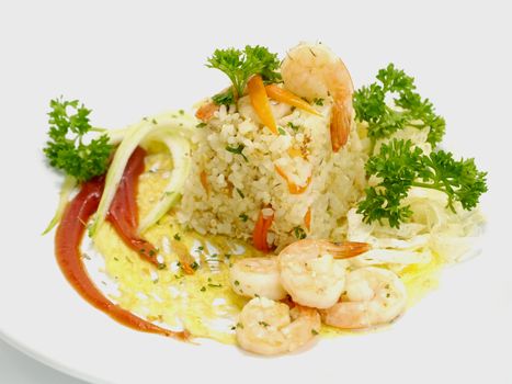 Fried rice with shrimp and parsley leaves.