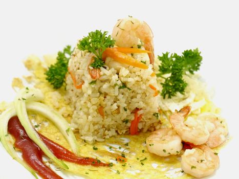 Fried rice with shrimp and parsley leaves.