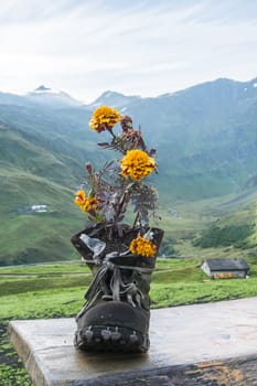 LA PEULE, SWITZERLAND - AUGUST 30: Walking boot turned flower pot in refuge La Peule, with mountains in the background. The refuge is a Mont Blanc tour stage. August 30, 2014 in La Peule.