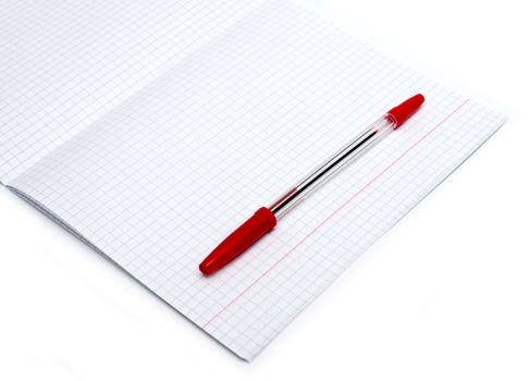 Open notebook with red pen isolated on white background