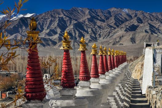 Close-up of the picturesque architecture in Thiksey monastery, India