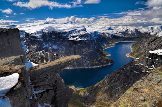 Picturesque view of Trolltunga and the fjord underneath, Norway 