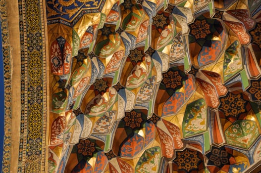 Close-up view of the intricate wood carvings in Abdulaziz Khan Madrassah (Museum of Wood Carving Art), Uzbekistan