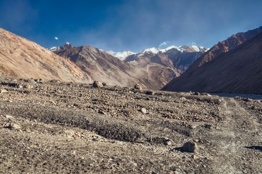 Panoramic view of the barren land in Pamir Mountains 