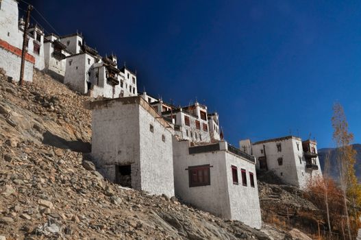 Side-view of the Thiksey monastery buildings in Ladakh, India