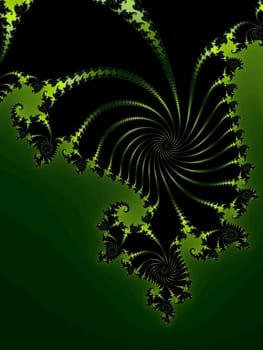 Digital computer graphic - renderi. Patterned fractal spiral in a dark - green colors for design.
