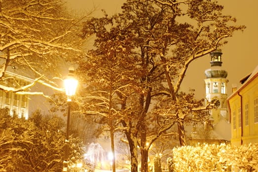 Photo is showing various views onto the Prague castle during the heavy snow time.