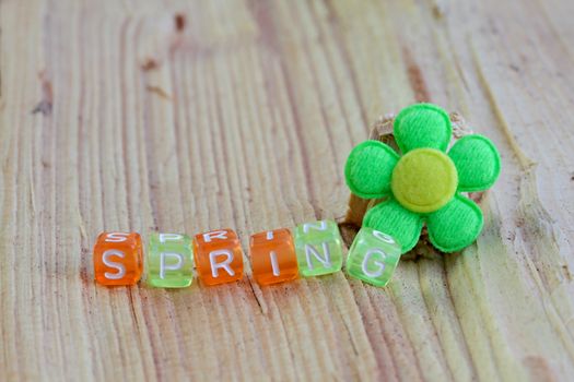 Photo shows details of spring sign with flower on the wooden background.