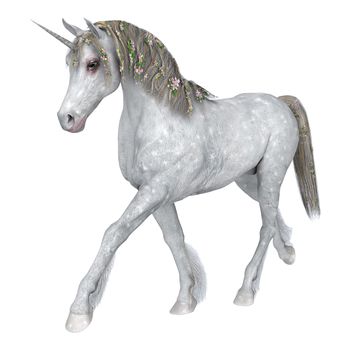 3D digital render of a beautiful white fantasy unicorn isolated on white background