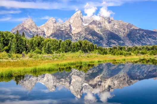 Grand Teton mountains landscape view with water reflection, Wyoming, USA