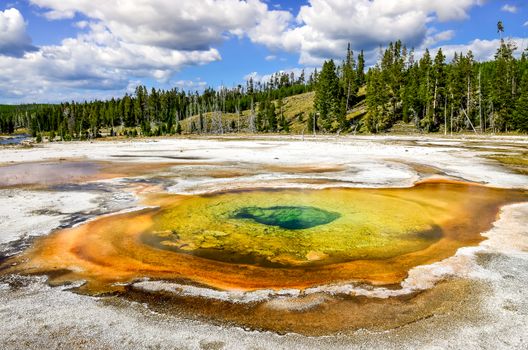 Scenic view of geothermal Chromatic pool in Yellowstone NP, Wyoming, USA