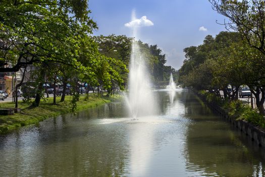 View of Fountains and Ku Huang Korner of Chiang Mai City. Arak Road (left), Bumruangrit Road (right).