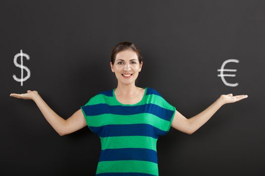 Happy woman in front of a chalkboard ilustrating a concept about money currency 