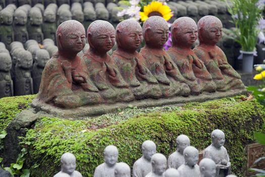 religious Japanese sculptures of six Jizo (RokuJizo) at famous Haze-Dera Temple