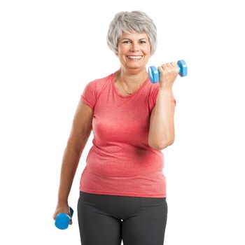  Happy fitness old woman lifting dumbbells and smiling