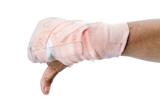 Thumb down showing by hand with bandages isolated on white background