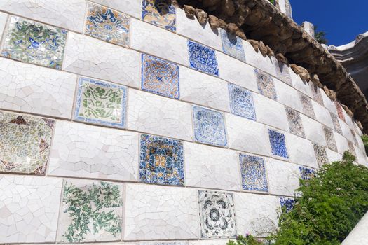 mosaic wall at the entrance to famous Parc Guell in Barcelona