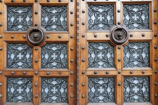 highly decorated wooden doors with lion heads metallic handles 