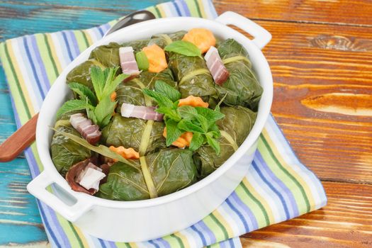 Collard Greens Stuffed Rolls with ground meat, rice and spices. 