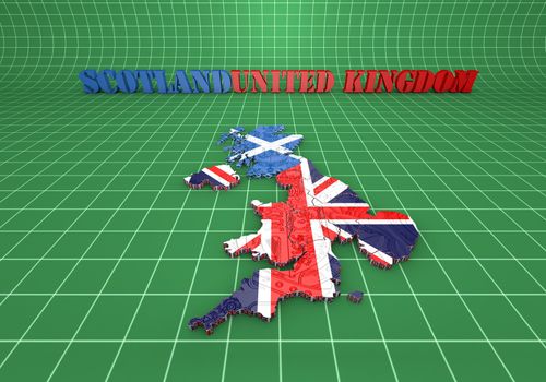 3D map illustration of Scotland and England with flag