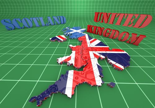 3D map illustration of Scotland and England with flag