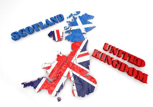 3D map illustration of Scotland and England with flag