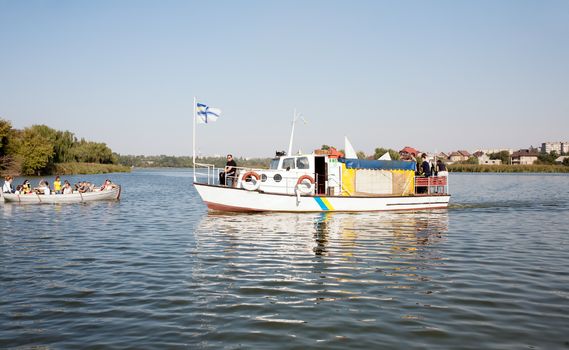 General view of the pleasure boat and the boat on the river SAKSAGAN in Krivoy Rog in Ukraine