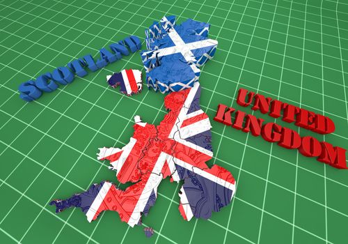 3D map illustration of Scotland and England with flag