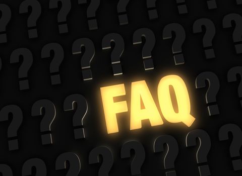 A bright, glowing yellow "FAQ" stands out in a dark field of gray question marks
