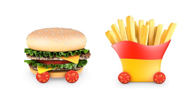 A hamburger with double steak, salad, and cherry tomatoes and french fries. 3D rendering.