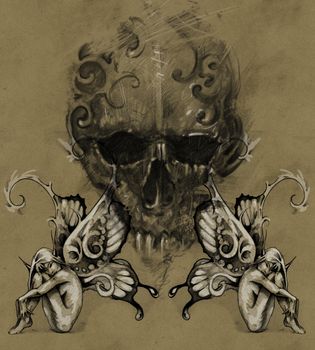 Tattoo skull over vintage paper, handmade illustration