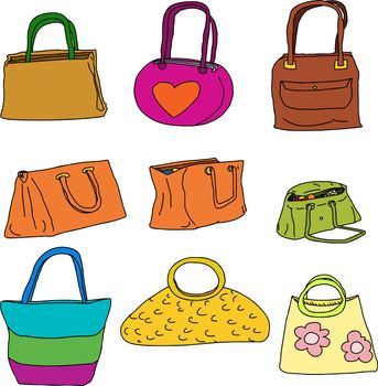 Nine colorful purses and cloth shopping bags over white