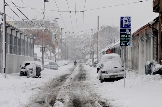 SERBIA, BELGRADE - DECEMBER 9, 2012: Unexpected massive snowfall paralyzed the city. During weekend only small number of snow services are working