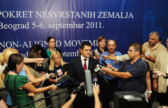 BELGRADE, SERBIA - SEPTEMBER 5: Minister of Foreign Affairs Vuk Jeremic speaks with journalists at a conference of Heads of State of the Non-Aligned Countries in Belgrade, Serbia on September 5, 2011