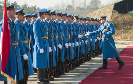 SERBIA, BELGRADE - FEBRUARY 11, 2011:  Serbian army soldiers on the red carpet during rehearsal of National day of Serbia