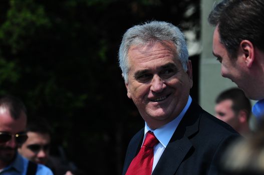 SERBIA, BELGRADE - MAY 10, 2012: Presidential candidate Tomislav Nikolic during the meeting with young activists of Serbian Progressive Party at the Youth Center Belgrade