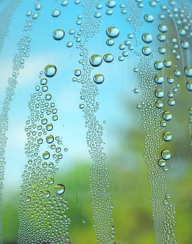 Abstract background. Drops of water on the crooked glass, shallow dof