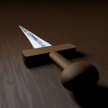 Sword in semiobscurity over wooden table, 3d render