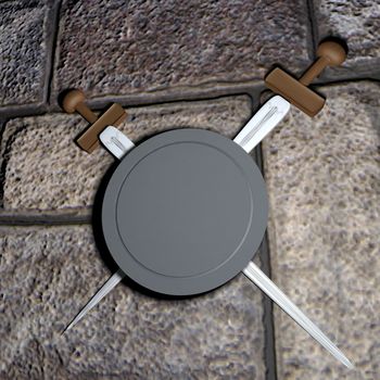 Two swords and a shield over a wall, 3d render