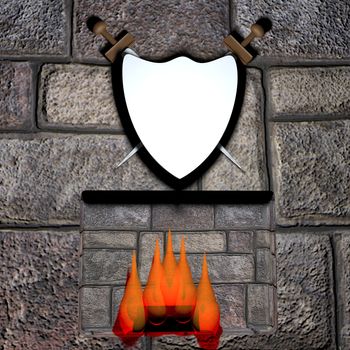 Shield over fireplace on a brickwall, 3d render