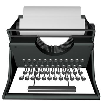 Typewriter isolated over white, with blak sheet, 3d render