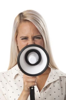 woman and a megaphone on white