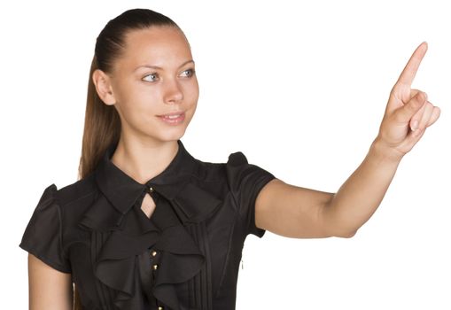 Woman touching virtual button. Isolated on white background